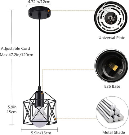 Black Pendant Light, Farmhouse Rustic Vintage Hanging Lamp Industrial Metal Mini Cage Pendant Lighting Fixture for Kitchen Island Bedroom Hallway, E26 Base