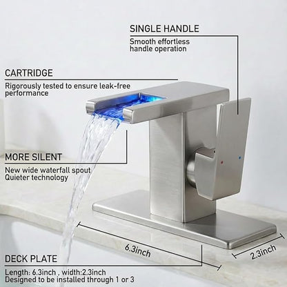 AVSIILE LED Bathroom Sink Faucet, Brushed Nickel Waterfall Single Hole Handle Vanity Faucets for Sinks 1 Hole with Metal Pop Up Drain and 2 Water Supply Lines, Side Handle