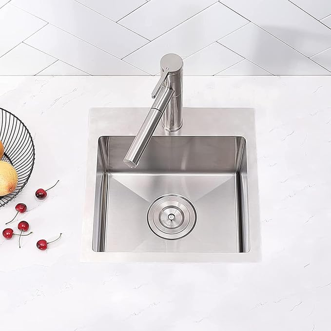 SHACO 15x15 Inch Drop In Bar Sink,15 Inch Stainless Steel Top mount Small Single Bowl Kitchen Bar Sink,16 Gauge Brushed Nickel Small Kitchen Prep Sink with Strainer Drain
