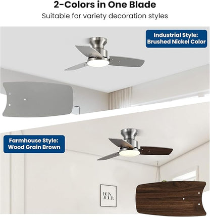 30 Inch Ceiling Fans with Lights and Remote, Bedroom Living Room Office, Flush Mount, 3CCT Dimmable, Dual Color 3 Blades 6 Speed Reversible Quiet DC Motor, Sand-Nickel/Wood Grain, 2 Pack