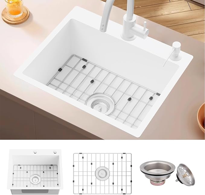 White 22x18In Kitchen And Bar Sink-Stainless Steel Drop In Single Bowl Topmount Kitchen&Bar Sink With SS Grid And Drain Assembly Clean&Bright White Bar Sink Enhance Aesthetic Appeal Of Modern Kitchen