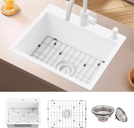 White 22x18In Kitchen And Bar Sink-Stainless Steel Drop In Single Bowl Topmount Kitchen&Bar Sink With SS Grid And Drain Assembly Clean&Bright White Bar Sink Enhance Aesthetic Appeal Of Modern Kitchen