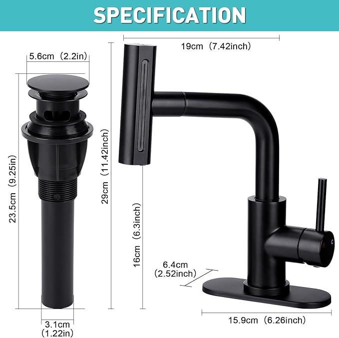 Bathroom Sink Faucet with 4 Mode Pull Down Sprayer, Matte Black Single Handle Pull Out Faucet with Pop-Up Drain, 1 or 3 Hole Laundry Bar Basin Faucet with Deck Plate