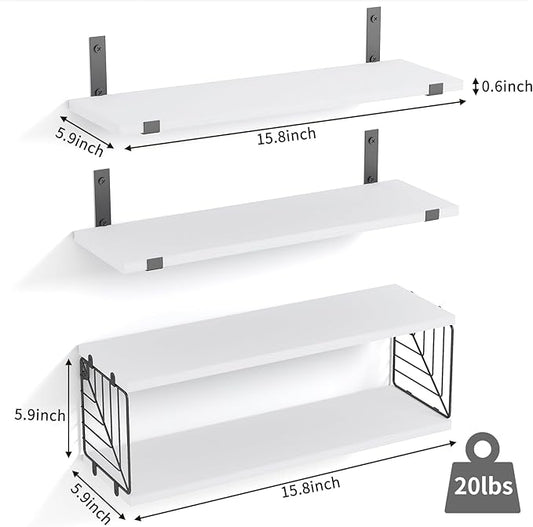 Fixwal 3+1 Tier Bathroom Floating Shelves Over Toilet, 15.8in Farmhouse Rustic Wood Shelves, Wall Decor for Bathroom, Living Room,Bedroom and Kitchen (White)
