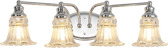4-Light Bathroom Light Fixtures Over Mirror, Vintage Vanity Lights with Clear Floral Glass Shades, Chrome