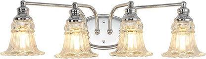 4-Light Bathroom Light Fixtures Over Mirror, Vintage Vanity Lights with Clear Floral Glass Shades, Chrome