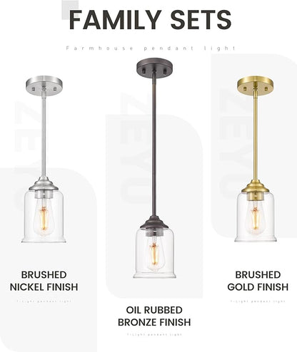 zeyu Farmhouse Hanging Pendant Lights 2 Pack, Modern Pendant Lights Kitchen Island with Clear Glass Shade, Oil Rubbed Bronze Finish, ZSL104MIL-2 ORB