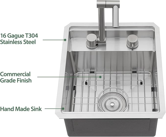 15 x 17 Inch Outdoor Sink Undermount RV Sink Workstation 16 Gauge Stainless Steel Single Bowl Handmade Outdoor Kitchen Sinks With Folding Faucet 15"x17"x9"