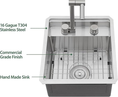 15 x 17 Inch Outdoor Sink Undermount RV Sink Workstation 16 Gauge Stainless Steel Single Bowl Handmade Outdoor Kitchen Sinks With Folding Faucet 15"x17"x9"