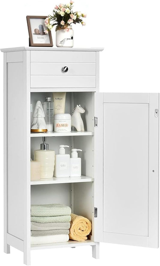 Modern White Bathroom Cabinet, Freestanding Side Floor Storage, 1 Large Drawer, 2 Adjustable Shelves, Narrow Space Suitable