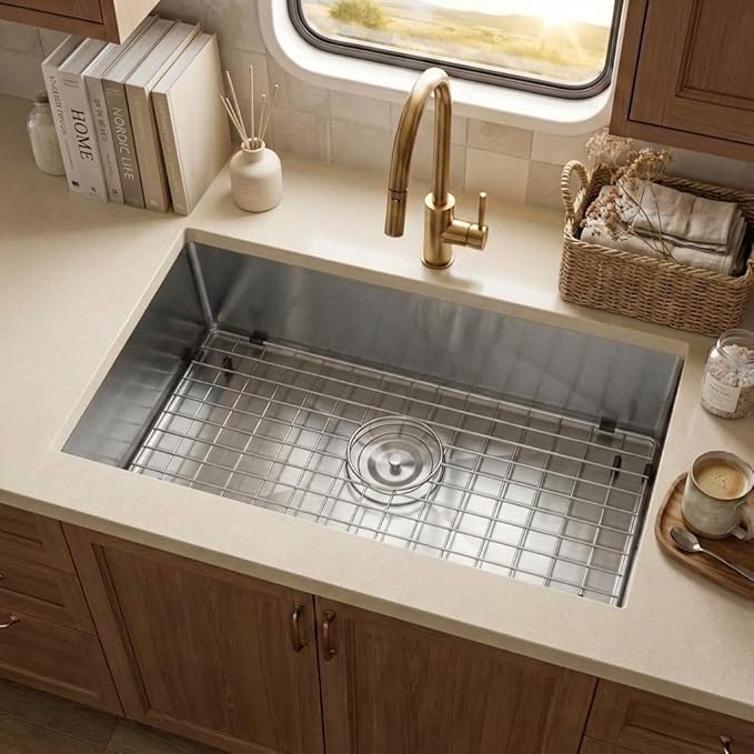 MILOSEN RV Kitchen Sink, 25''×15''×7'' 16 Gauge T304 Stainless Steel Drop-in/Undermount RV Sink, 25 inch Single Bowl Sinks for Caravans/Campervans & Site Cabins, 7 inch Depth Outdoor Trailer Sinks