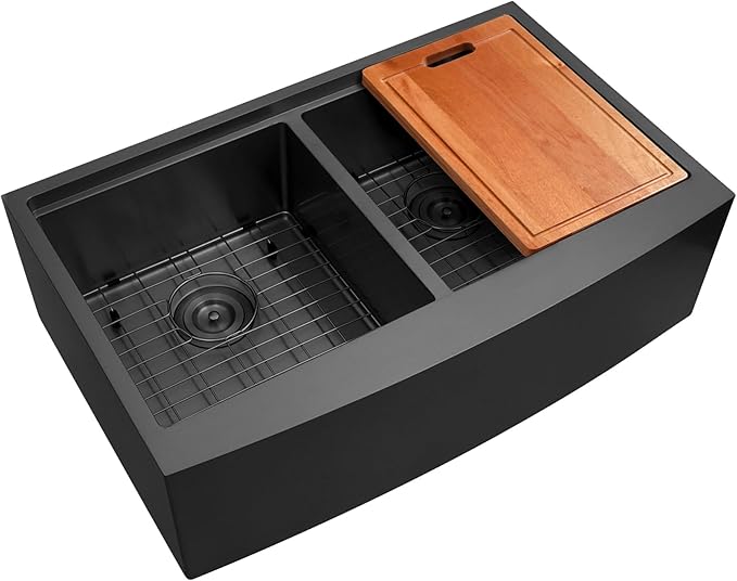 Black Farmhouse Sink 33" X 20",Black Kitchen Sink Double Bowl,33 inch Apron-Front Farmhouse Workstation Sinks,16 Gauge Stainless Steel Double Kitchen Sink
