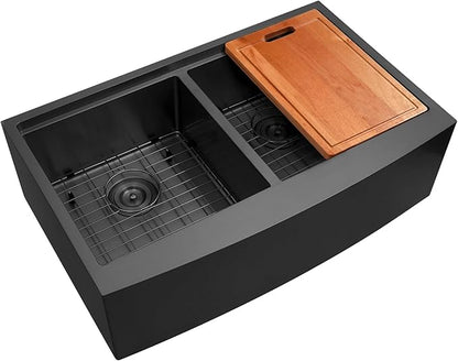 Black Farmhouse Sink 33" X 20",Black Kitchen Sink Double Bowl,33 inch Apron-Front Farmhouse Workstation Sinks,16 Gauge Stainless Steel Double Kitchen Sink