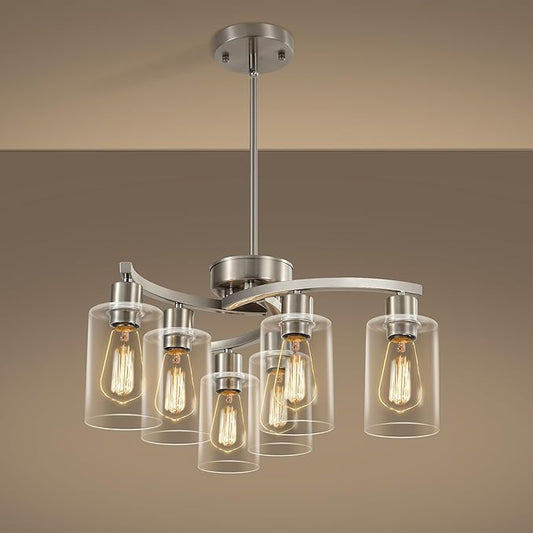 CNRATYE 6-Light Brushed Nickel Chandeliers for Dining Room Light Fixtures Over Table, Adjustable Height Hanging Industrial Pendant Lighting for Kitchen Island Bedroom, Clear Glass Shade