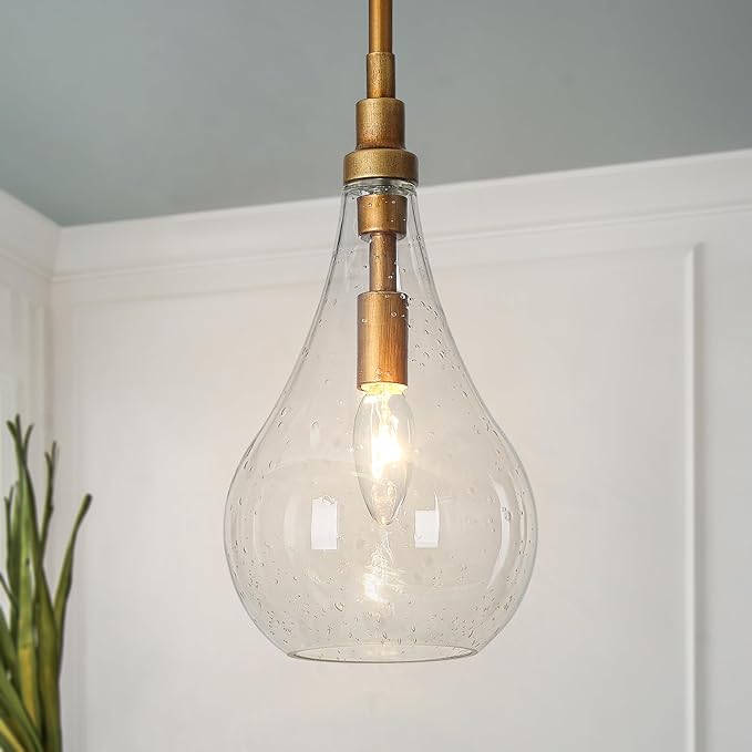 LALUZ Gold Pendant Light Kitchen Island Modern 1-Light Pendant Light Fixtures Adjustable Hanging Pendant Lighting with Teardrop Seeded Glass Shade