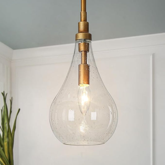 LALUZ Gold Pendant Light Kitchen Island Modern 1-Light Pendant Light Fixtures Adjustable Hanging Pendant Lighting with Teardrop Seeded Glass Shade