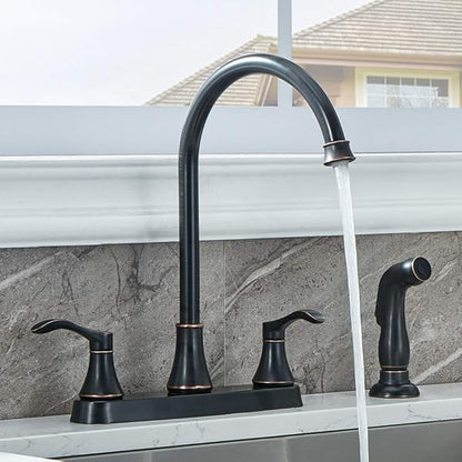 3 Hole or 4 Hole 2 Handle Kitchen Faucet with Side Sprayer, Commercial Lead-Free Oil Rubbed Bronze Kitchen Sink Faucets for Rv Sinks with High-Arc Spout & Side Sprayer, VADR0004H