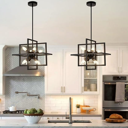 Small Modern Lantern Chandeliers, Geometric Black Pendant Lighting, 8-Light Industrial Hanging Chandelier Light Fixture for Dining Room, Kitchen, Bedroom, Foyer, Entryway, Farmhouse UL Listed