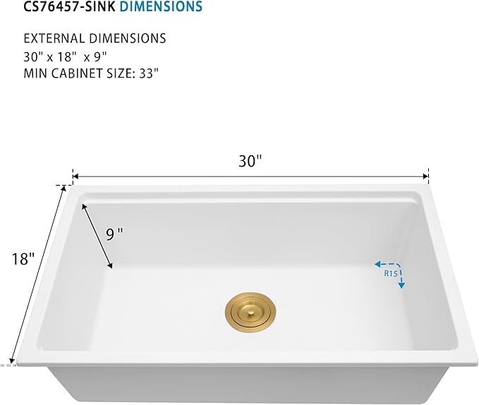 White Undermount Kitchen Sink 30 Inch - Drop In Granite Quartz Composite Workstation Sink - Deep Single Bowl,Dual Mount,with Accessories (White, 30")