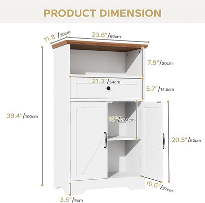 Floor Cabinet, Farmhouse Storage Cabinet with Barn Doors and Drawer, Freestanding Adjustable Shelf Organizer for Bathroom, Kitchen, Living Room White