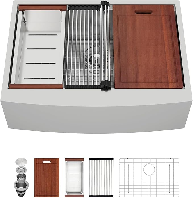 Sarlai 27 Inch Farmhouse Kitchen Sink Stainless Steel - 27x22 Inch Apron Front undermount Ledge Workstation 16 Gauge 304 Stainless Steel Single Bowl Luxury Kitchen Farm Sink