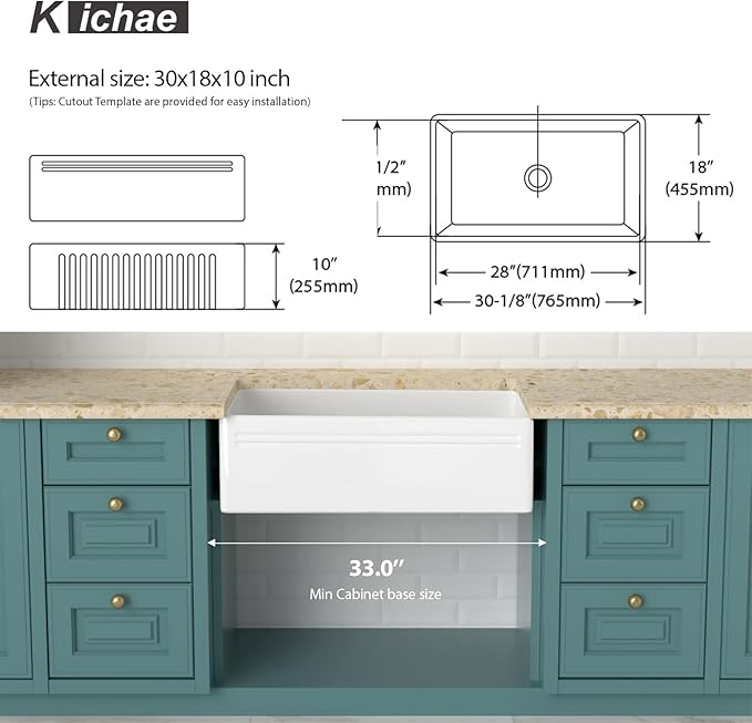 30 Farmhouse Sink White - Kichae 30 x 18 Inch Farmhouse Kitchen Sink Reversible Apron Front White Ceramic Porcelain Fireclay Undermount Farm Style Single Bowl Basin