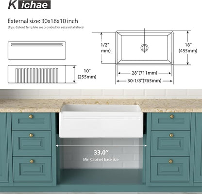 30 Farmhouse Sink White - Kichae 30 x 18 Inch Farmhouse Kitchen Sink Reversible Apron Front White Ceramic Porcelain Fireclay Undermount Farm Style Single Bowl Basin