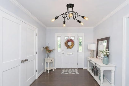 Modern Farmhouse Chandelier,25 Inch 5 Light Sputnik Semi Flush Mount Ceiling Light, Metal Black Rustic Light Fixture for Dining Room Bedroom Kitchen Hallway Entryway