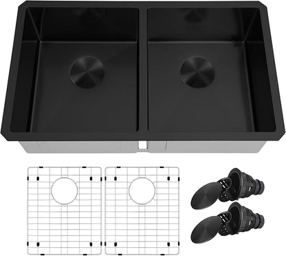 Double Bowl Black Kitchen Sink 31" X 18",50/50 Double Bowl Undermount Kitchen Sinks,16 Gauge Stainless Steel Undermount Black Sink