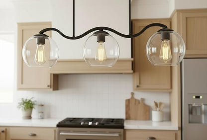 Farmhouse Linear 3-Light Black Chandelier with Wavy Arms, Kitchen Island Pendant Light Fixture with Clear Glass Globe Shades, Ceiling Hanging Lighting for Dining Room Table, Bar