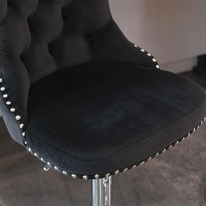 Rhomtree Velvet Swivel Bar Stools Upholstered Bar Stool with Button Tufted Back and Pull Ring Height Adjustable Barstools 25-33 Inch for Home Pub and Kitchen Island (Black with Silver Base, Set of 4)