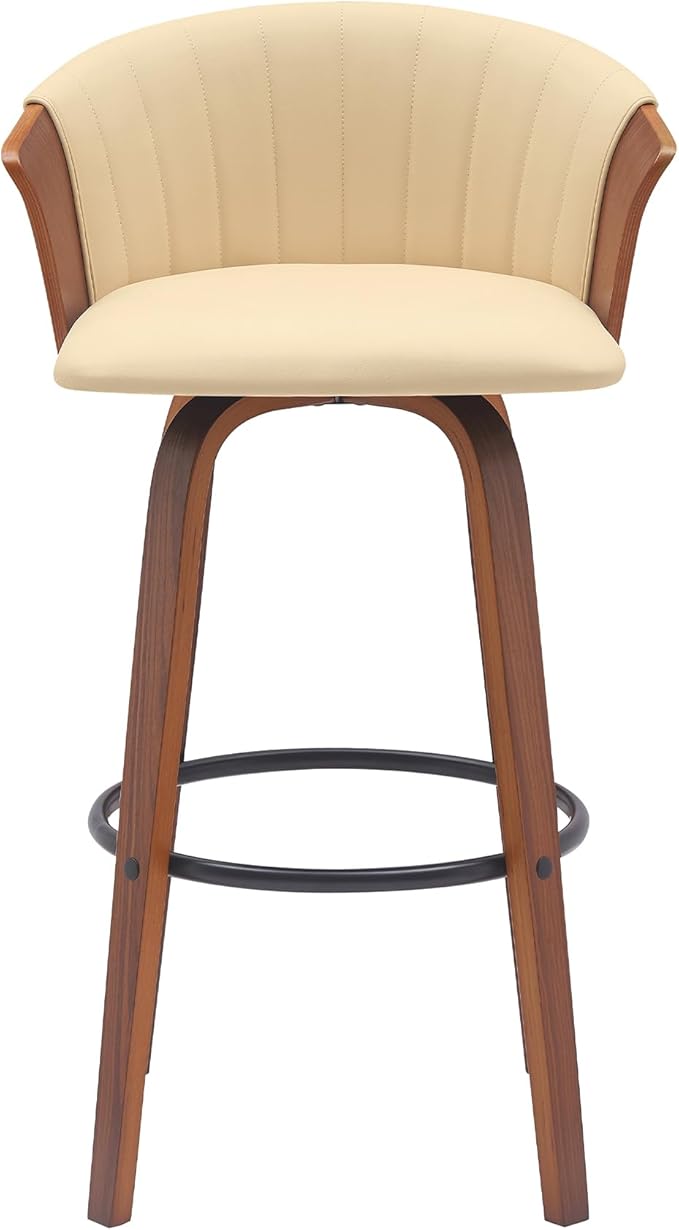 Armen Living Diana 30" Seat Height Mid Century Modern Swivel Walnut Wood Bar Stool for Kitchen Island Counter in Cream Faux Leather