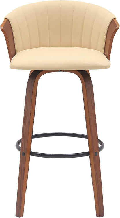 Armen Living Diana 30" Seat Height Mid Century Modern Swivel Walnut Wood Bar Stool for Kitchen Island Counter in Cream Faux Leather
