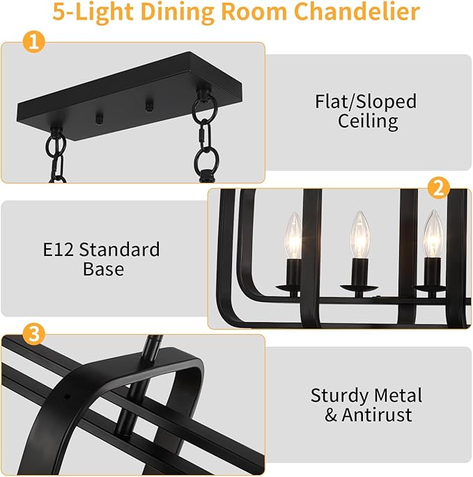 TOULMJ 5-Light Dining Room Light Fixture, 31.5" Black Farmhouse Kitchen Island Lighting Modern Linear Chandeliers for Dining Room Kitchen Island with Adjustable Rods
