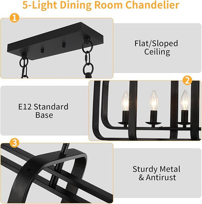 TOULMJ 5-Light Dining Room Light Fixture, 31.5" Black Farmhouse Kitchen Island Lighting Modern Linear Chandeliers for Dining Room Kitchen Island with Adjustable Rods