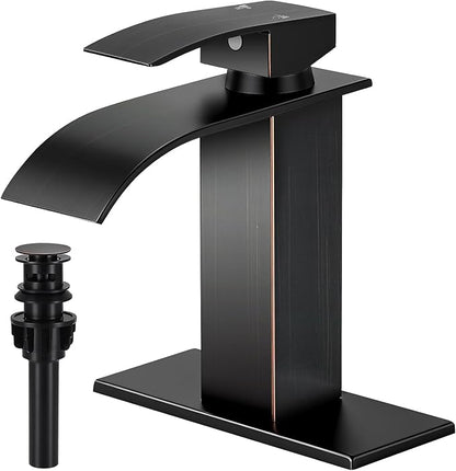 ORB Bathroom Faucets, Waterfall Bathroom Sink Faucet Single Handle Bathroom Faucet for 1 or 3 Hole, Mixer Tap Vanity Faucet with Deck Plate, Pop-up Drain and Supply Hoses