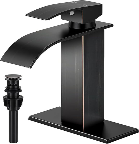 ORB Bathroom Faucets, Waterfall Bathroom Sink Faucet Single Handle Bathroom Faucet for 1 or 3 Hole, Mixer Tap Vanity Faucet with Deck Plate, Pop-up Drain and Supply Hoses