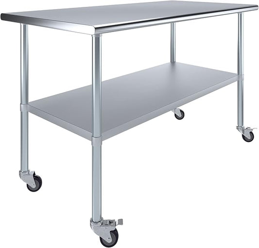 Stainless Steel Work Table with Wheels | NSF Kitchen Island Food Prep | Laundry Garage Utility Bench (Table + Wheels, 60" Long x 30" Deep)