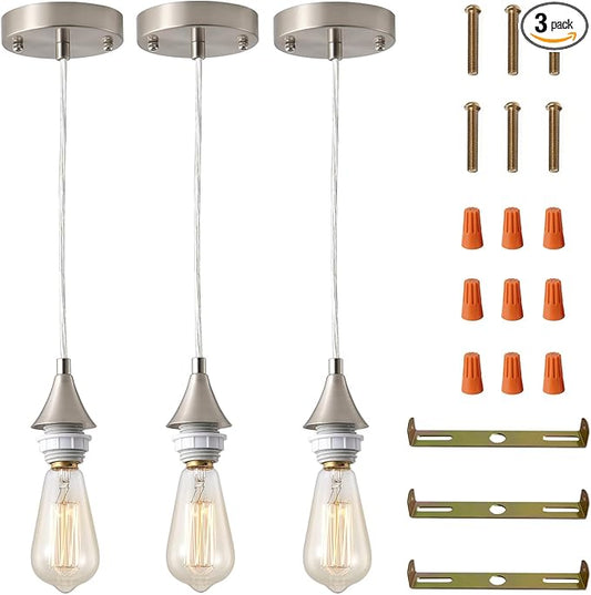 Vintage Brushed Nickel Pendant Light Kit,E26 Lamp Socket DIY Pendant Light Cord,Adjustable Hanging Light Fixtures for Kitchen,3Pack