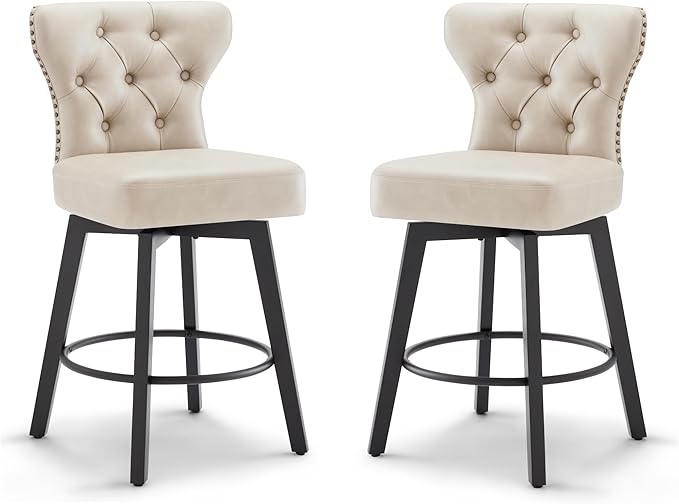 KISLOT Counter Height Barstools 26 inch Upholstered Button Tufted Swivel Bar Stools with Back for Kitchen Island,Set of 2,Beige PU Leather