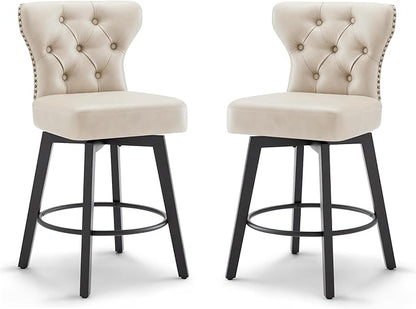 KISLOT Counter Height Barstools 26 inch Upholstered Button Tufted Swivel Bar Stools with Back for Kitchen Island,Set of 2,Beige PU Leather