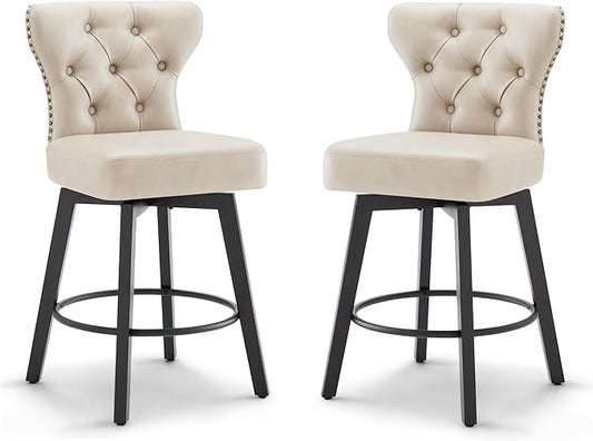 KISLOT Counter Height Barstools 26 inch Upholstered Button Tufted Swivel Bar Stools with Back for Kitchen Island,Set of 2,Beige PU Leather