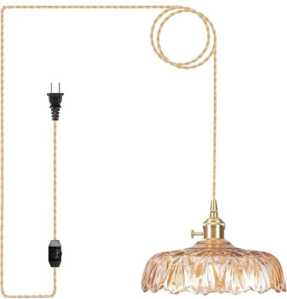 Plug in Pendant Light Fixtures,Amber Glass Lampshade Pendant Lighting 9.4in E26 Hanging Light FixtureCorded On/Off Switch for Kitchen Island, Bedroom, Dining Room