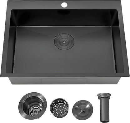 IKEBANA 22 x 18 inch Black Drop in Kitchen Sink, 16 Gauge Stainless Steel Topmount Kitchen Sink Single Bowl, Outdoor Small RV Bar Sinks with Strainer