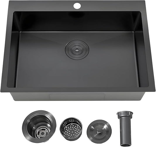 IKEBANA 22 x 18 inch Black Drop in Kitchen Sink, 16 Gauge Stainless Steel Topmount Kitchen Sink Single Bowl, Outdoor Small RV Bar Sinks with Strainer
