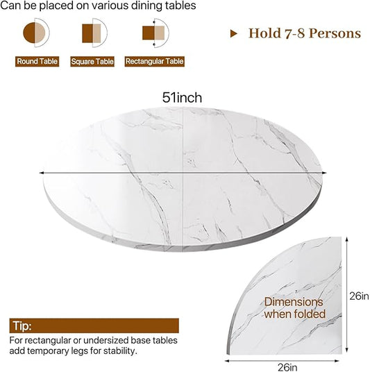 Wood Round Foldable Table Top Only Large Portable Tabletop for Desktop Transformation 47 51 55 59 63 71 inch 4-Fold Folding Round Table Top Extender Space Saving for Family Dinners(White Marble,51")