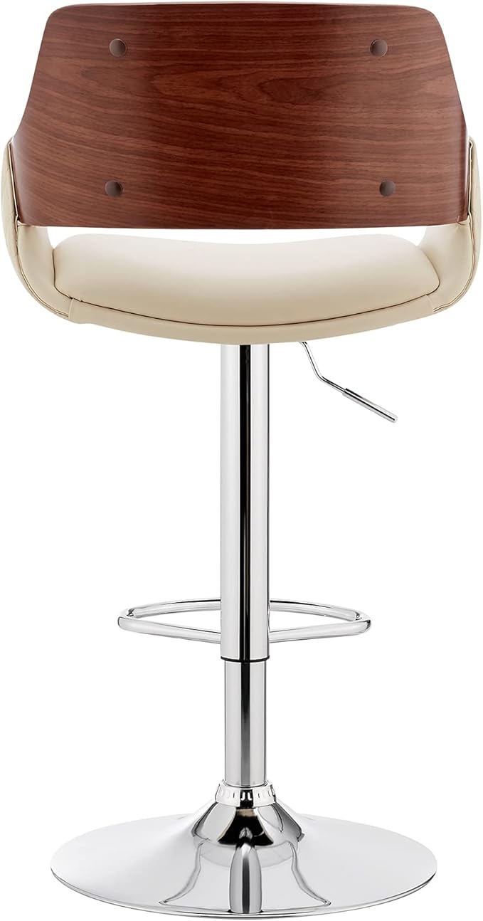 Armen Living Colby Modern Adjustable Height Swivel Cream Faux Leather and Walnut Wood Bar Stool with Chrome Base for Kitchen Island Counter