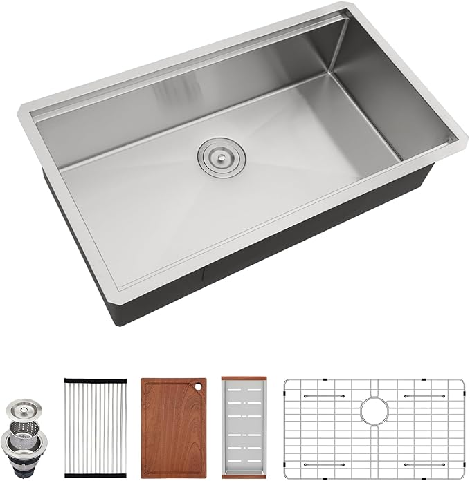 33 Undermount Sink Stainless Steel- Fuyuoer 33 Inch Workstation Kitchen Sink 16 Gauge Stainless Steel Single Bowl Round Corner Handmade Deep Basin Kitchen Sinks, 33x19x10 Inch