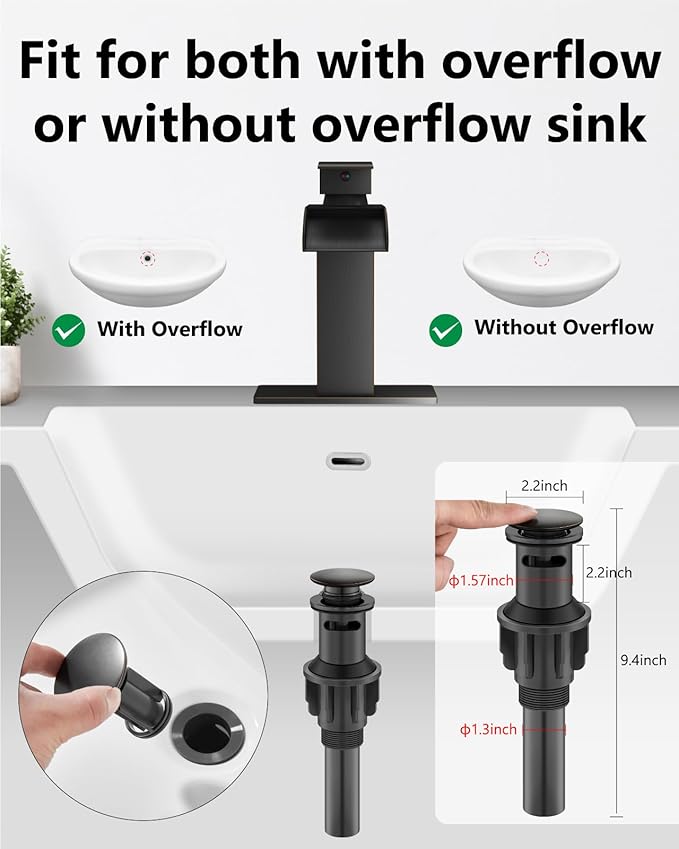 Waterfall Bathroom Faucet 1 Hole, Single Hole Bathroom Faucet, Single Handle Vanity Sink Faucet with Deck Plate, Pop-up Drain & Supply Lines, Oil Rubbed Bronze