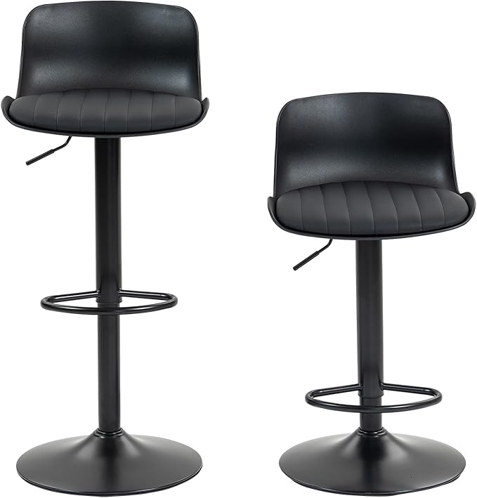Bar Stools Set of 2 PU Leather Counter Height Bar stools with Back, Height Adjustable Swivel Kitchen Island Chairs, Armless, Large Base Black